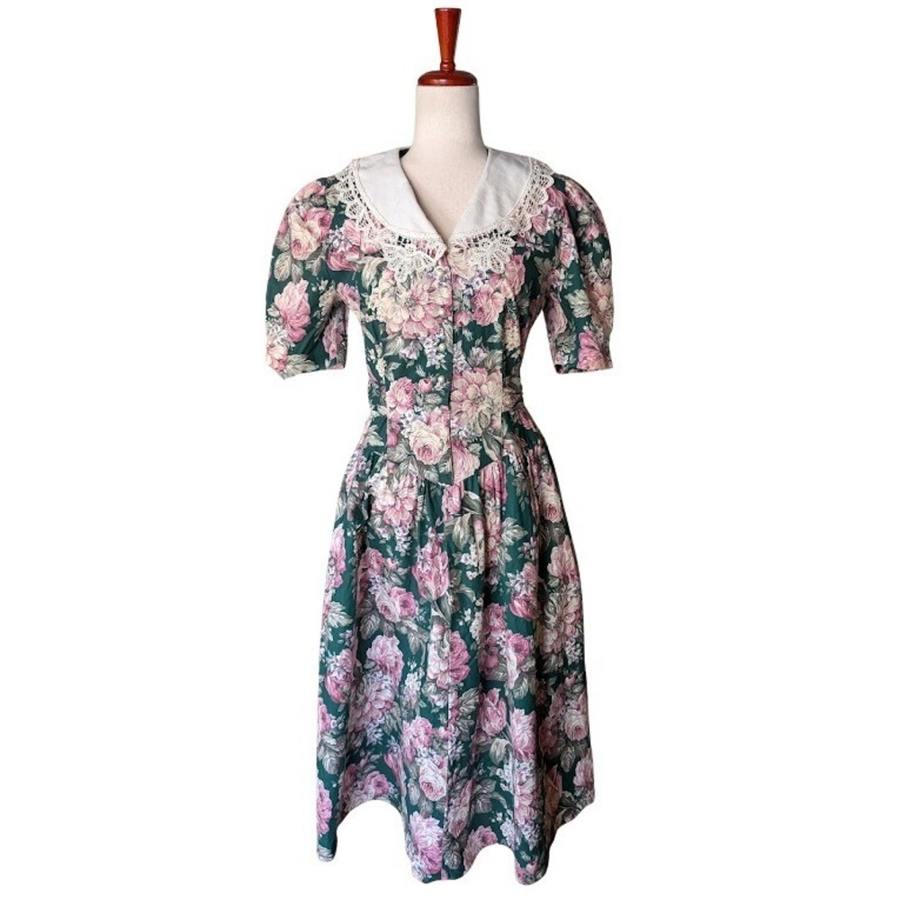 Vintage Floral Rose Midi Dress Lace Peter Pan Collar Puff Sleeve Green Pink